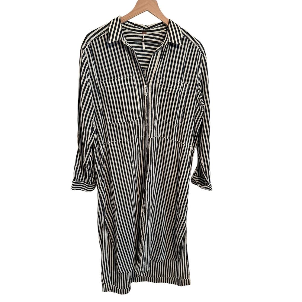FREE PEOPLE Faded In The Morning Striped Linen Blend Shirt Dress SM - Picture 4 of 12